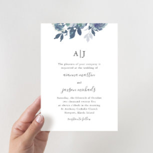Convite Belo Casamento de Monograma Floral de Cor Azul
