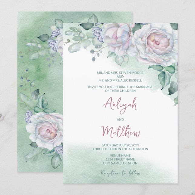 Convite Belo Casamento de Rosa em Aquarela Delicada (Frente/Verso)