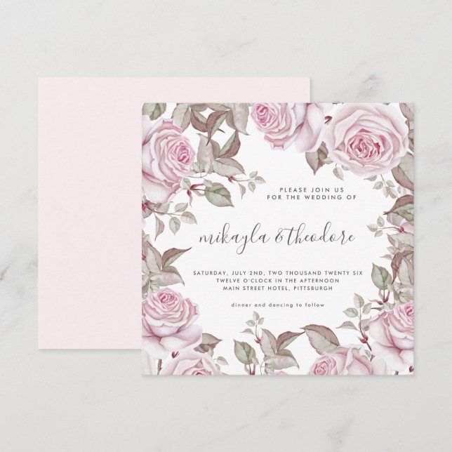 Convite Belo Casamento de Rosas de Aquarela Cor-de-Rosa-Ro (Frente/Verso)