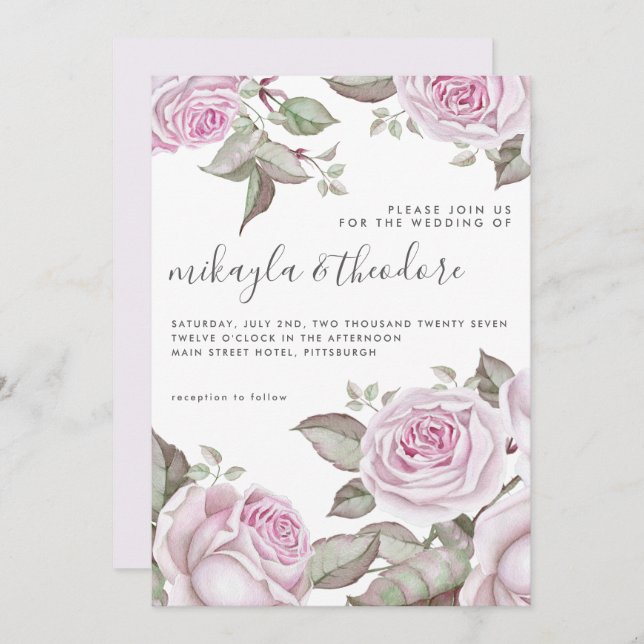 Convite Belo Casamento de Rosas de Aquarela Suave (Frente/Verso)