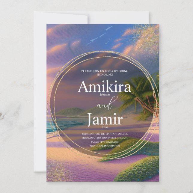 Convite Belo Casamento Dourado De Fundo De Praia (Frente)