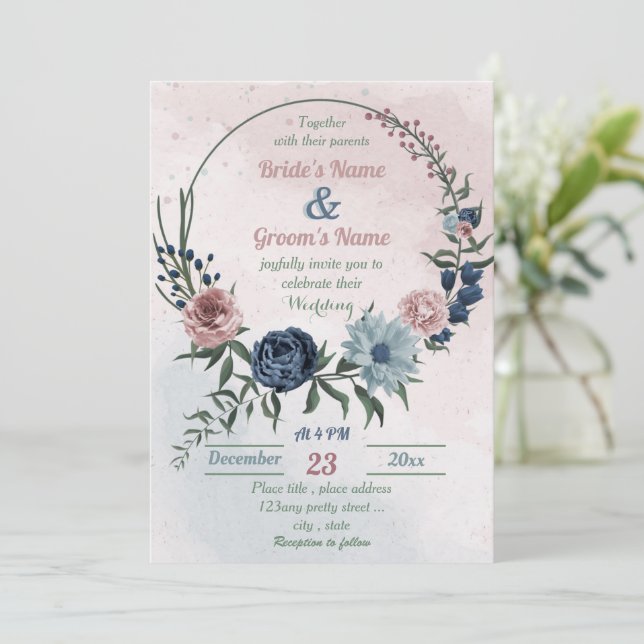 Convite belo casamento floral azul-rosa verde floral verde (Em pé/Frente)