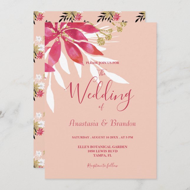 Convite Belo Casamento Floral Cor-de-Rosa e Branco (Frente/Verso)