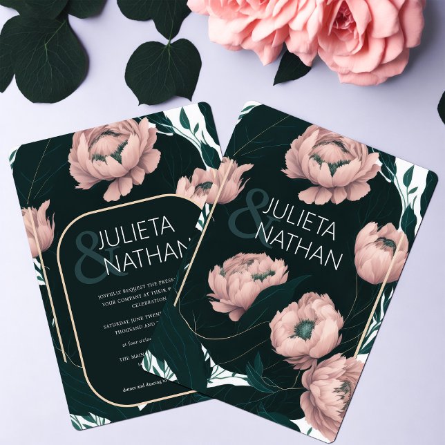 Convite Belo Casamento Floral de Emerald Peony Rosa Rosa (Criador carregado)