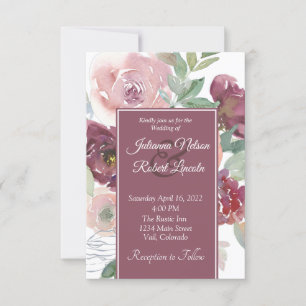 Convite Belo Casamento Floral em Aquarela Rosa e Malva
