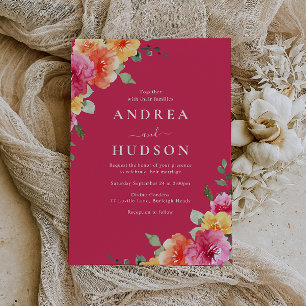 Convite Belo Casamento Floral em Aquarela Rosa Vibrante