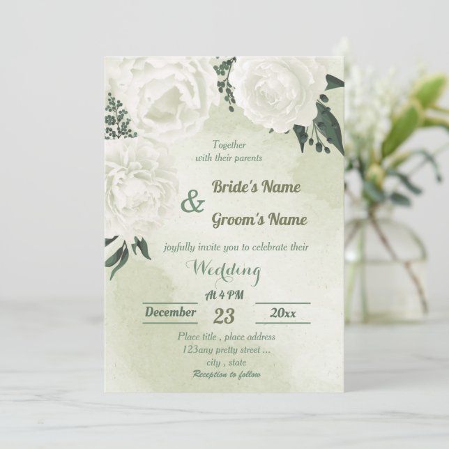 Convite belo casamento floral verde branco (Em pé/Frente)