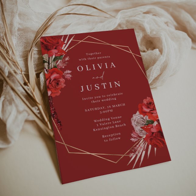 Convite Belo Casamento Geométrico de Rosas vermelhas (Criador carregado)