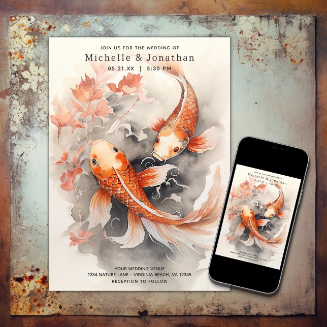 Convite Belo Casamento Japonês de Peixe-Koi Laranja Beige (Printed and Digital - Beautiful Japanese Koi Fish Orange Beige Wedding Invitation)