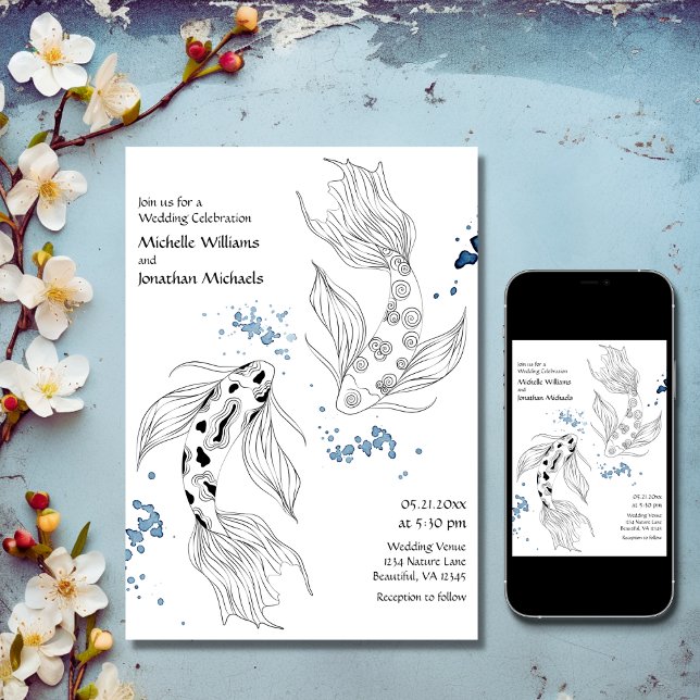 Convite Belo Casamento Moderno de Peixes Koi Japoneses (Printed and Digital - Beautiful Japanese Koi Fish Modern Wedding Invitation)