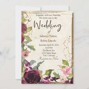 Convite Belo casamento rosa borgonha e dourado