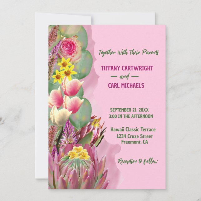 Convite Belo Casamento Rosa Botânico Floral Jardim Floral (Frente)