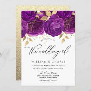 Convite Belo Casamento Roxo e Dourado Floral Sparkle