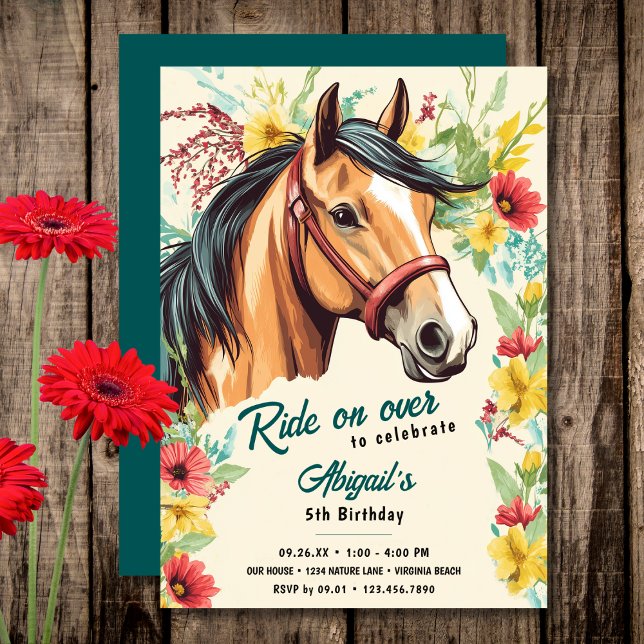 Convite Belo Cavalo e Festa de aniversário de flor selvage (Beautiful Horse and Wildflower Birthday Party Invitation)