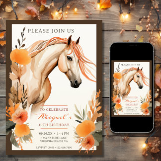 Convite Belo Cavalo e Flores de outono caem Aniversário