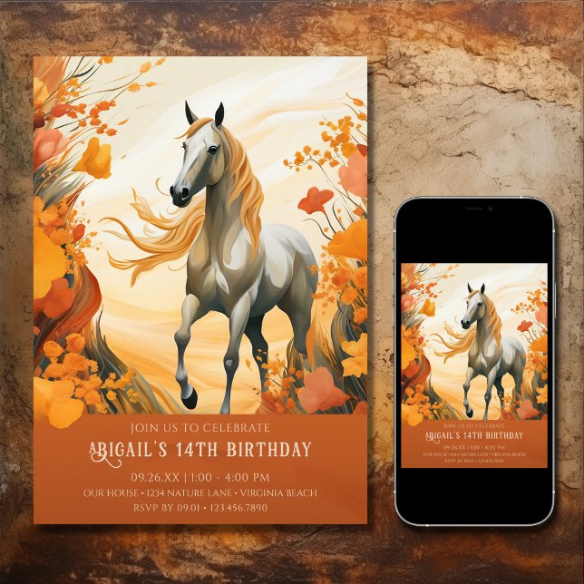 Convite Belo Cavalo e Flores de outono caem Aniversário (Printed and Digital - Beautiful Horse and Autumn Flowers Fall Birthday Invitation)
