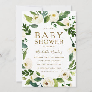 Convite Belo Chá de fraldas Branco Floral Ferida Neutral