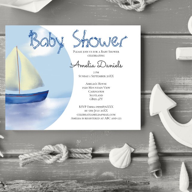 Convite Belo Chá de fraldas de veleiro azul por e-mail (Drop anchor for a super cute baby shower with a nautical theme.)