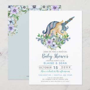 Convite Belo Chá de fraldas do Unicorn Blue Floral Boys