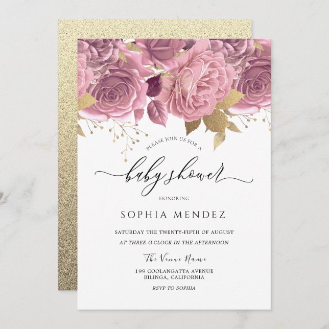 Convite Belo Chá de fraldas Dourado, Rosa, Rosa (Frente/Verso)