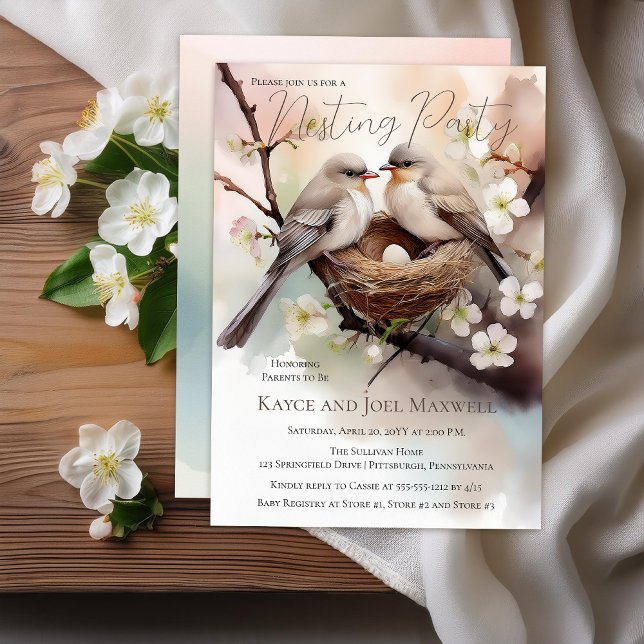 Convite Belo Chá de fraldas neutro do Ninho de Aves (Beautiful Birds In Nest "Nesting Party" Gender Neutral Baby Shower Invitation - Print | Download)