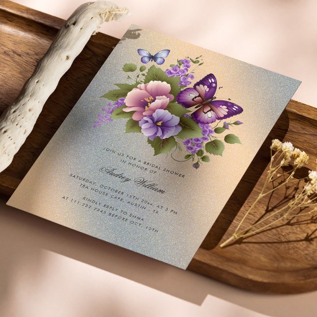 Convite Belo Chá de panela de borboleta realçada Dourada (Personalized Beautiful Gold Accented Butterfly Bridal Shower Invitation)