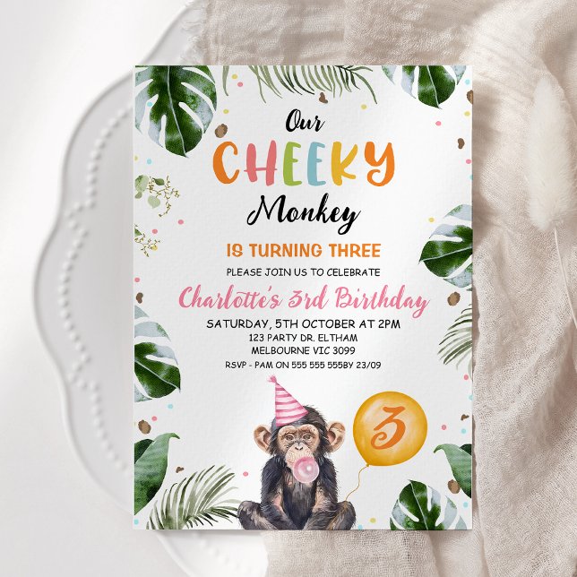Convite Belo Chapéu Rosa, Nosso Macaco Cheio Aniversário (Girls Cheeky Monkey Birthday Invitation Template, Printable Monkey Themed Birthday Invitation Girl)