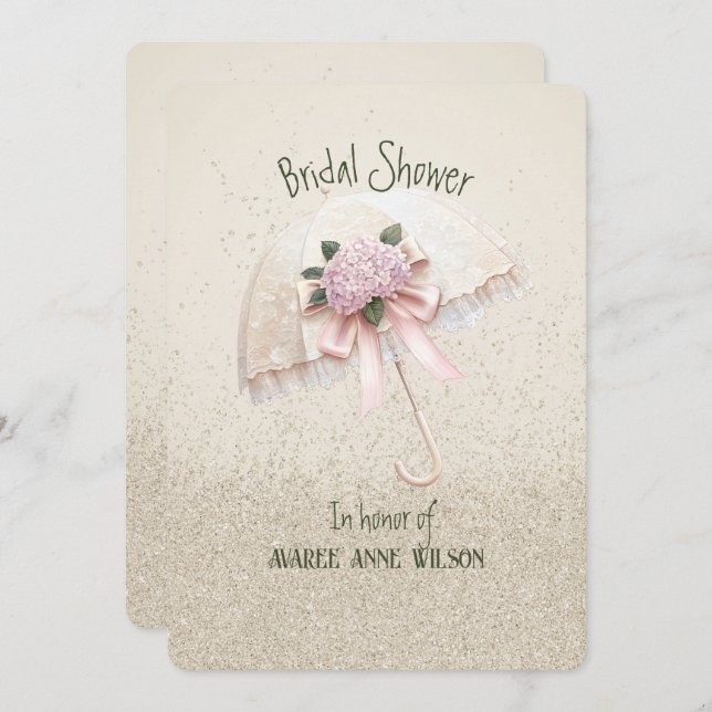 Convite Belo Creme e Chá de panela de Guarda-chuvas Rosa (Frente/Verso)