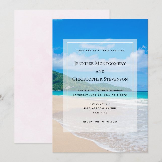 Convite Belo Destino Tropical Sandy Beach Wedding (Frente/Verso)