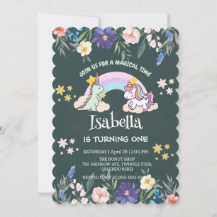 Convite Belo Dinossauro Unicórnio Arco-Íris Aniversário do