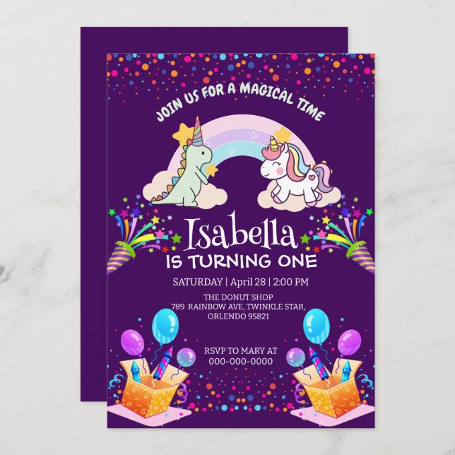 Convite Belo Dinossauro Unicórnio Arco-Íris Aniversário do (Frente/Verso)
