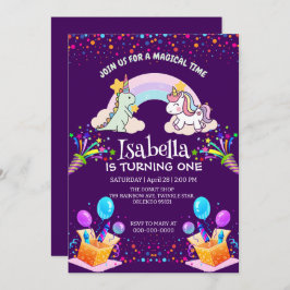 Convite Belo Dinossauro Unicórnio Arco-Íris Aniversário do