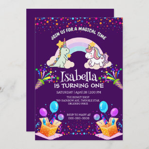 Convite Belo Dinossauro Unicórnio Arco-Íris Aniversário do