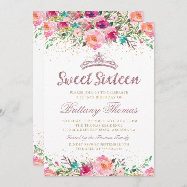 Convite Belo doce cor-de-rosa, dezesseis e dezesseis e dez (Frente/Verso)