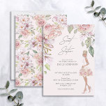 Convite Belo Doce Dezesseis Rosa Rosa Rosa Rosa Rosa Flora<br><div class="desc">Um belo e elegante convite de 16 anos doce em tons cor-de-rosa e dourados. Este belo convite apresenta uma moça glamourosa e elegante num vestido floral cor-de-rosa, uma bolsa floral e joias brilhantes, com arcos nos seus estiletes. Há um quadro floral coordenado no topo, tudo sobre um fundo rosa esbranquiçado....</div>