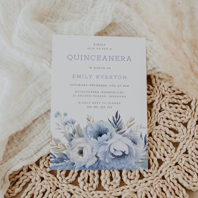 Convite Belo Dusty Blue Floral Quinceanera (Criador carregado)