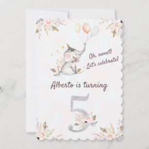 Convite Belo Elefante Boho Floral Quinto Aniversário