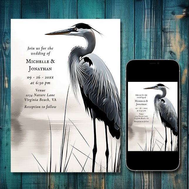Convite Belo Excelente Casamento de Aves Costeiras do Herã (Beautiful Great Blue Heron Water Bird Wedding Invitation)