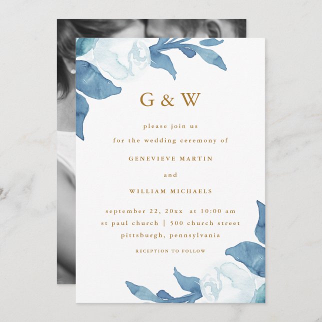 Convite Belo Floral Azul com Casamento Fotográfico de Mono (Frente/Verso)