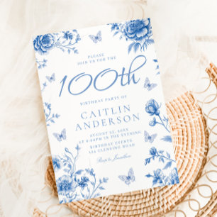 Convite Belo Floral Azul Encantado 100º Aniversário