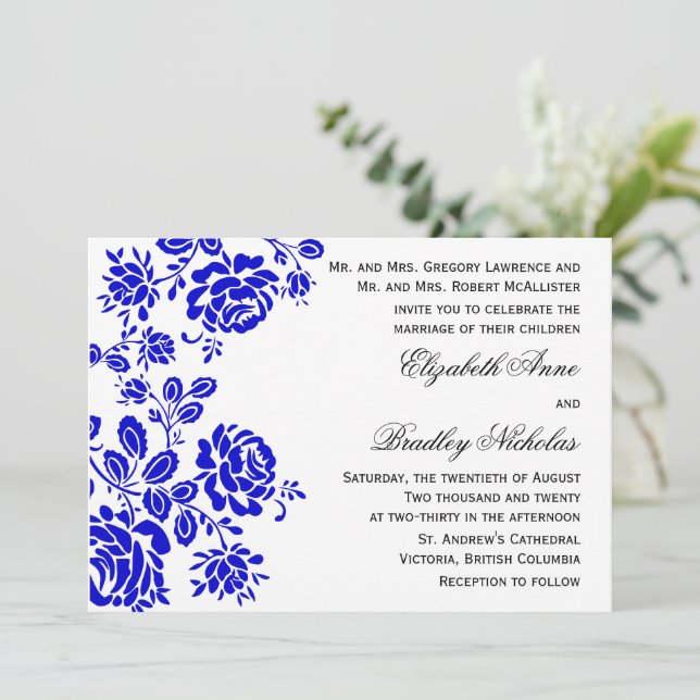 Convite Belo Floral no Casamento Azul Real (Em pé/Frente)