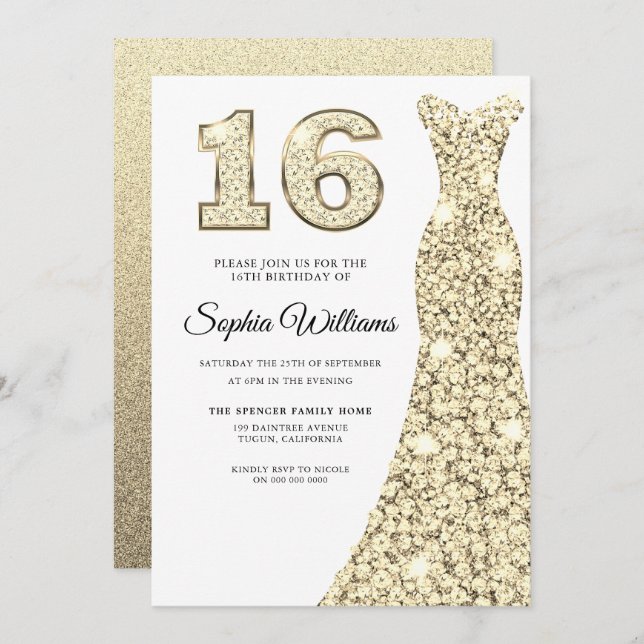 Convite Belo Ouro Vestido 16º aniversário Doce 16 (Frente/Verso)