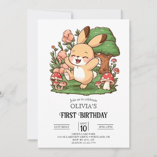 Convite Belo primeiro aniversario coelho colorido digital (Frente)