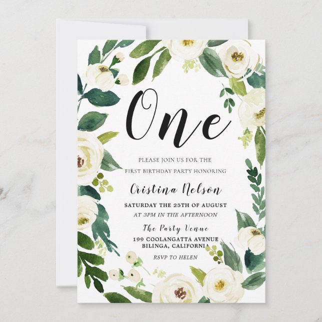 Convite Belo primeiro aniversario das Flores Brancas Foto  (Frente)