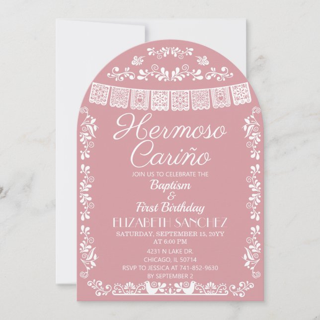 Convite Belo Querido Batismo & Primeiro Aniversário Rosa (Frente)
