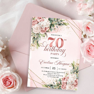 Convite Belo Rosa Bege Floral Aquarela 70 Aniversário