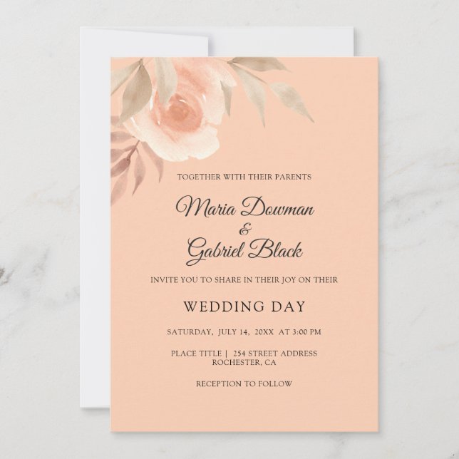 Convite Belo rosa de pêssego. Casamento de Garden Floral (Frente)