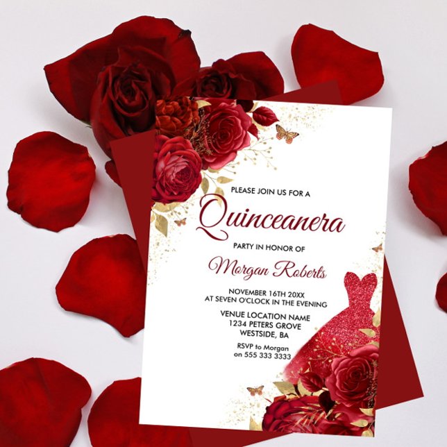Convite Belo Rosa vermelha Esmagadora Quinceanera (Criador carregado)