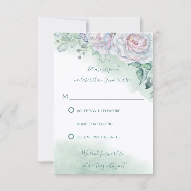 Convite Belo RSVP de casamento de rosa em aquarela delicad (Verso)