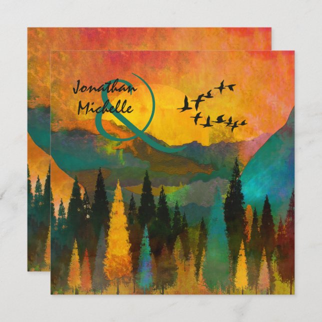 Convite Belo Sunset de Montanha, Árvores e Casamento de Av (Frente/Verso)